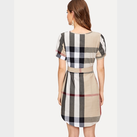 Plaid Belted Shirt Dress Short V-Neck Nude Black - Picture 4 of 8
